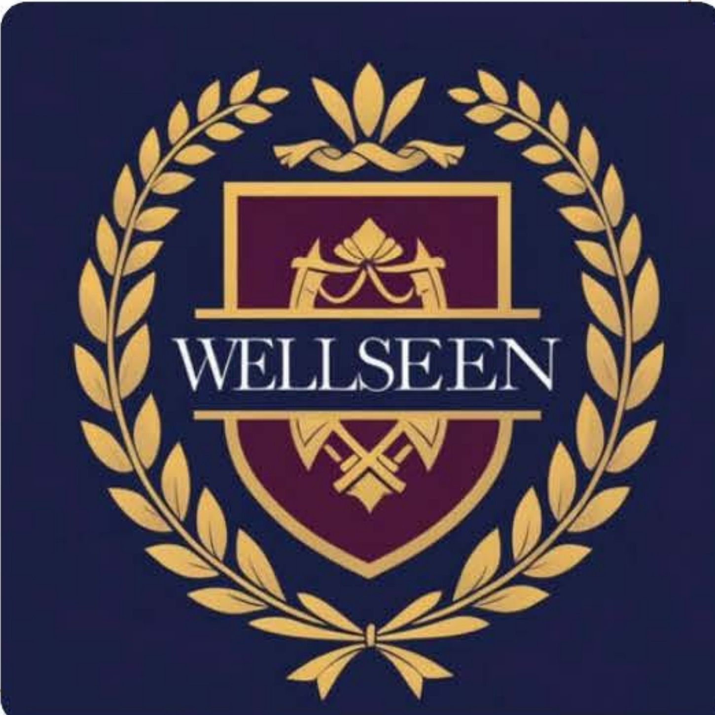 Wellseen crest: a gold laurel wreath encircling a burgundy shield